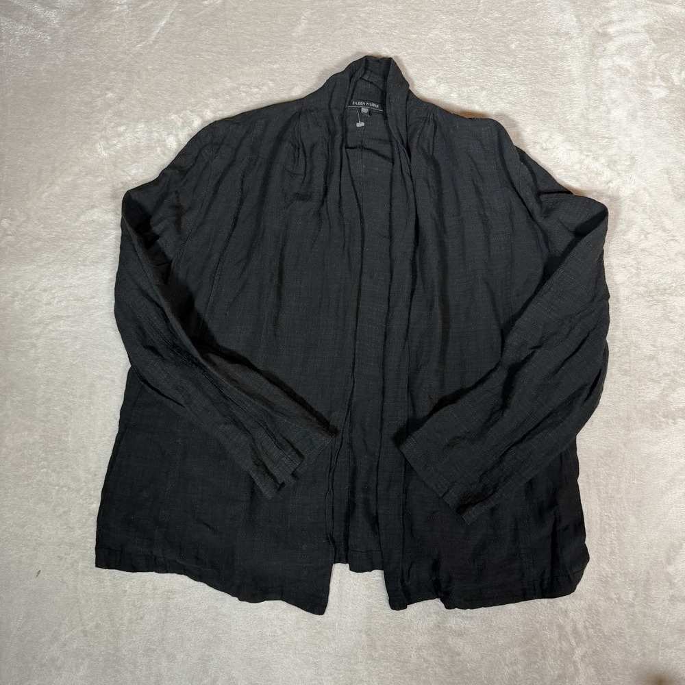 Eileen Fisher Womens Open Cardigan Solid Black Long Sleeves Large Italian Fabric
